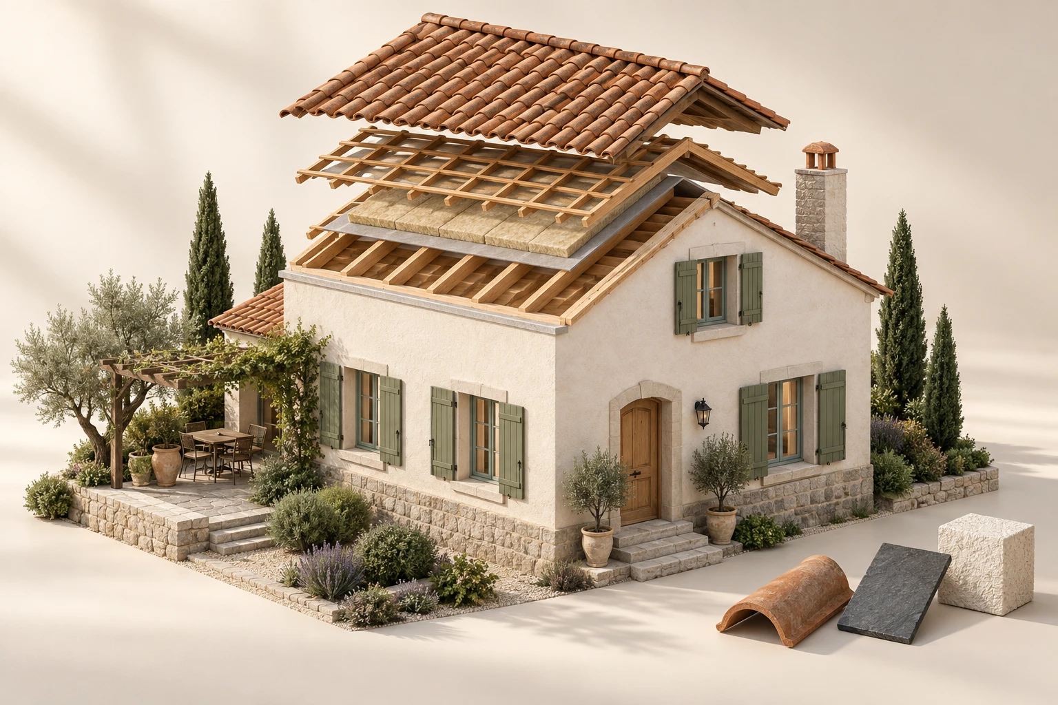 Illustration d’une rénovation avec toiture en vue éclatée